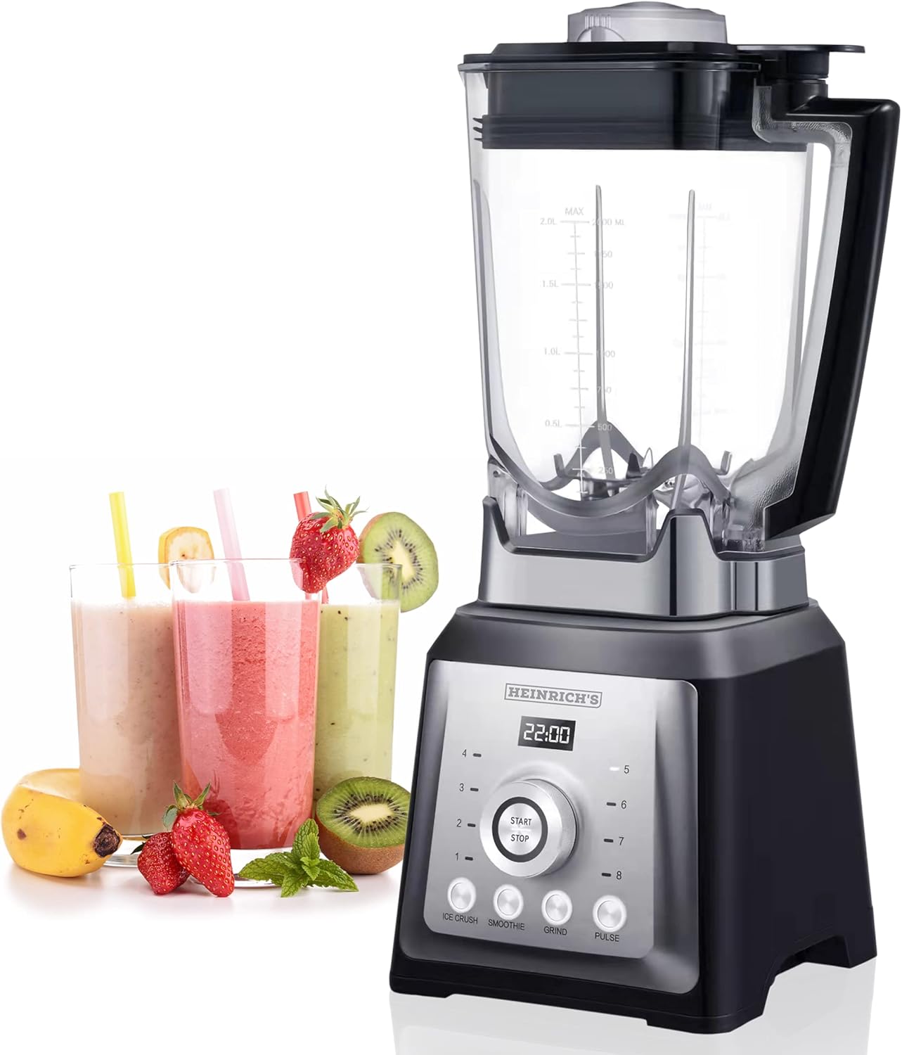 HEINRICHS Mixer, Standmixer, Hochleistungsmixer mit 32000 U/min und 2000W Motor + 4Programme, Blender-8 Edelstahlklingel, BPA-Frei, Smoothie Maker, 2L Behälter, Ice-Crush Funktion, Heinrich´s