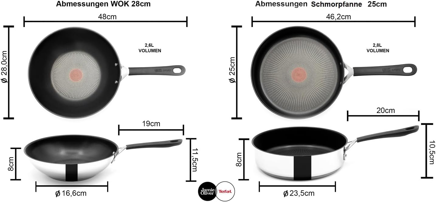 Tefal E30 Jamie Oliver Edelstahl Pfannenset 28 cm Wok + 25 cm Schmorpfanne, Antihaft, Induktion, Ofenfest, Hitzebeständig bis 260°C, Thermo-Signal Temperaturanzeiger, Genietete Griffe mit Silikon