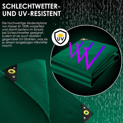 JUNG Abdeckplane Wasserdicht 180g/m² grün 2m x 3m = 6 m², mit Blauer Wendeseite, Reißfest & Wetterfest, Dickes Material, Anhänger Plane mit Ösen, Camping-Plane, Verschiedene Größen