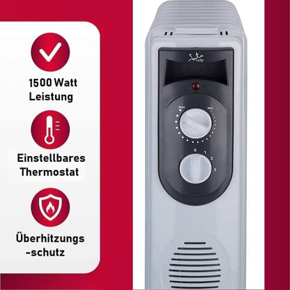 JUNG JATA R107 Elektrischer Ölradiator Heizkörper – Mobiles Elektroheizgerät mit 7 Heizlamellen, Thermostat, Überhitzungsschutz und 1500W Leistung – Energieeffiziente, tragbare Raumheizung für Innenräume bis 20 qm