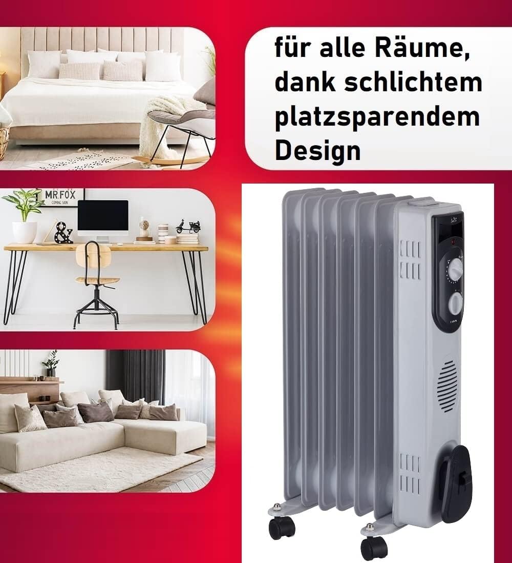 JUNG JATA R107 Elektrischer Ölradiator Heizkörper – Mobiles Elektroheizgerät mit 7 Heizlamellen, Thermostat, Überhitzungsschutz und 1500W Leistung – Energieeffiziente, tragbare Raumheizung für Innenräume bis 20 qm