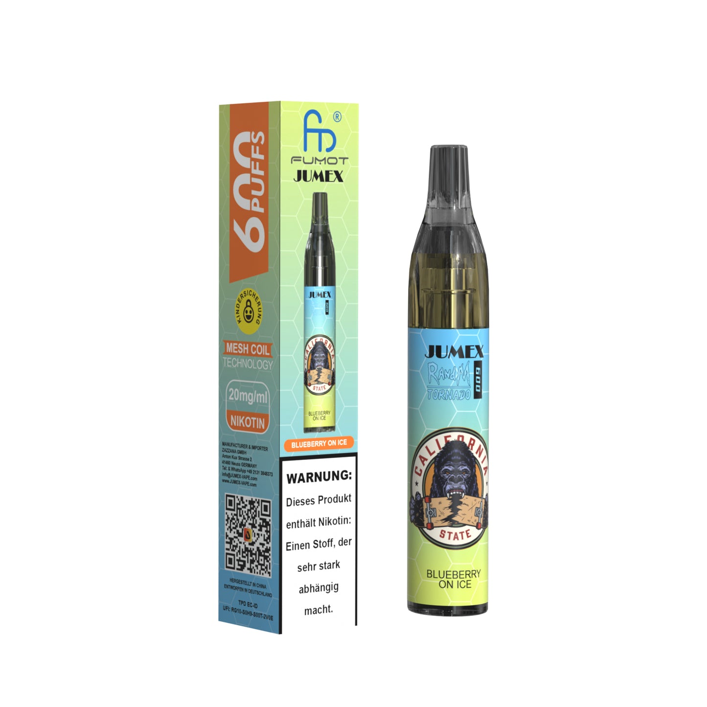 JUNG Jumex 600 Blueberry on Ice Vape mit Nikotin – Einweg E-Zigarette mit 600 Zügen, fruchtiger Blaubeergeschmack mit Eisfrische, LED, kompakt, sofort einsatzbereit, Nikotin-Verdampfer