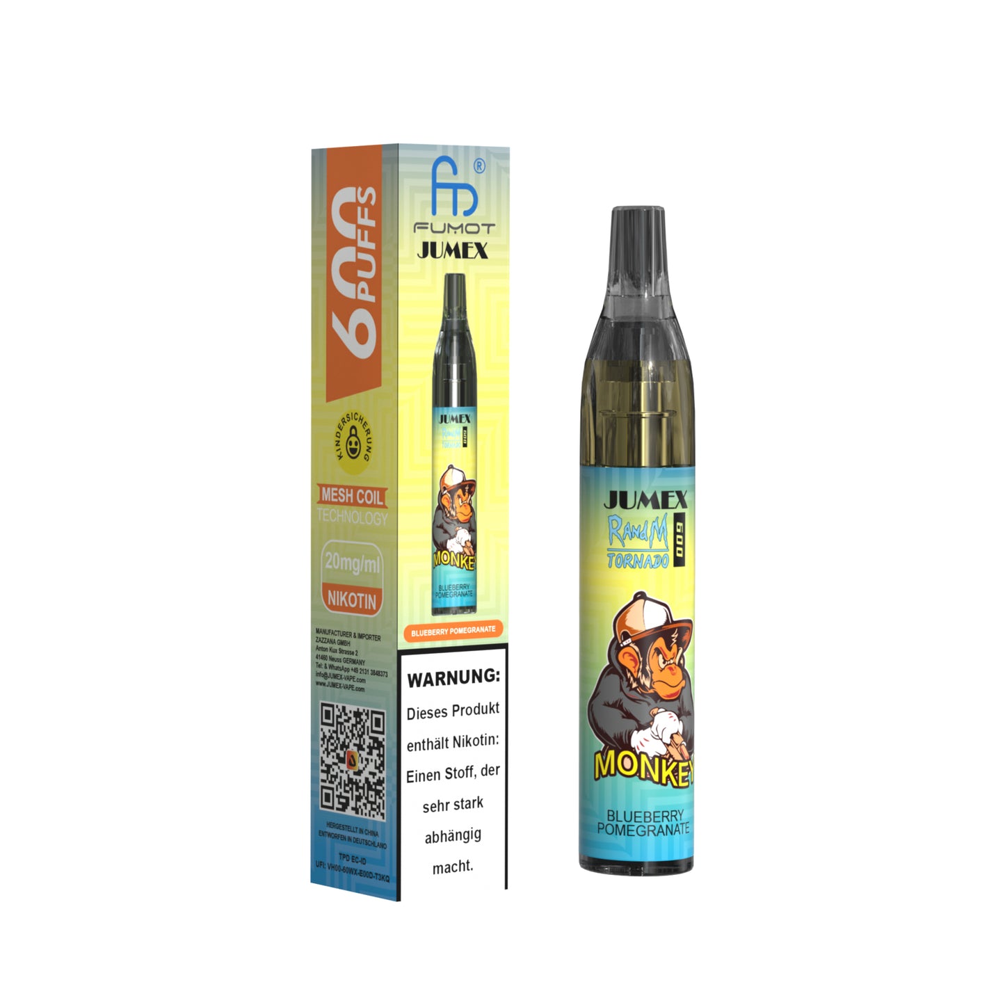 JUNG Jumex 600 Blueberry Pomegranate Vape mit Nikotin – Einweg E-Zigarette mit 600 Zügen, fruchtiger Blaubeere und Granatapfel Geschmack, LED, sofort einsatzbereit, Nikotin-Verdampfer