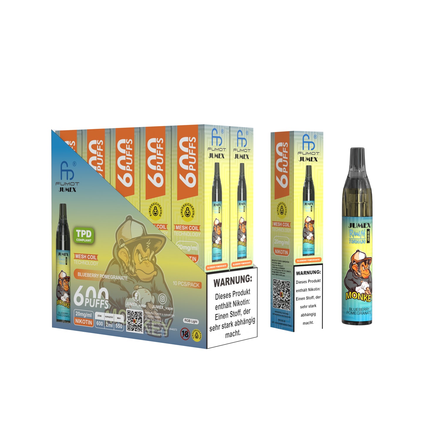 JUNG Jumex 600 Blueberry Pomegranate Vape mit Nikotin – Einweg E-Zigarette mit 600 Zügen, fruchtiger Blaubeere und Granatapfel Geschmack, LED, sofort einsatzbereit, Nikotin-Verdampfer