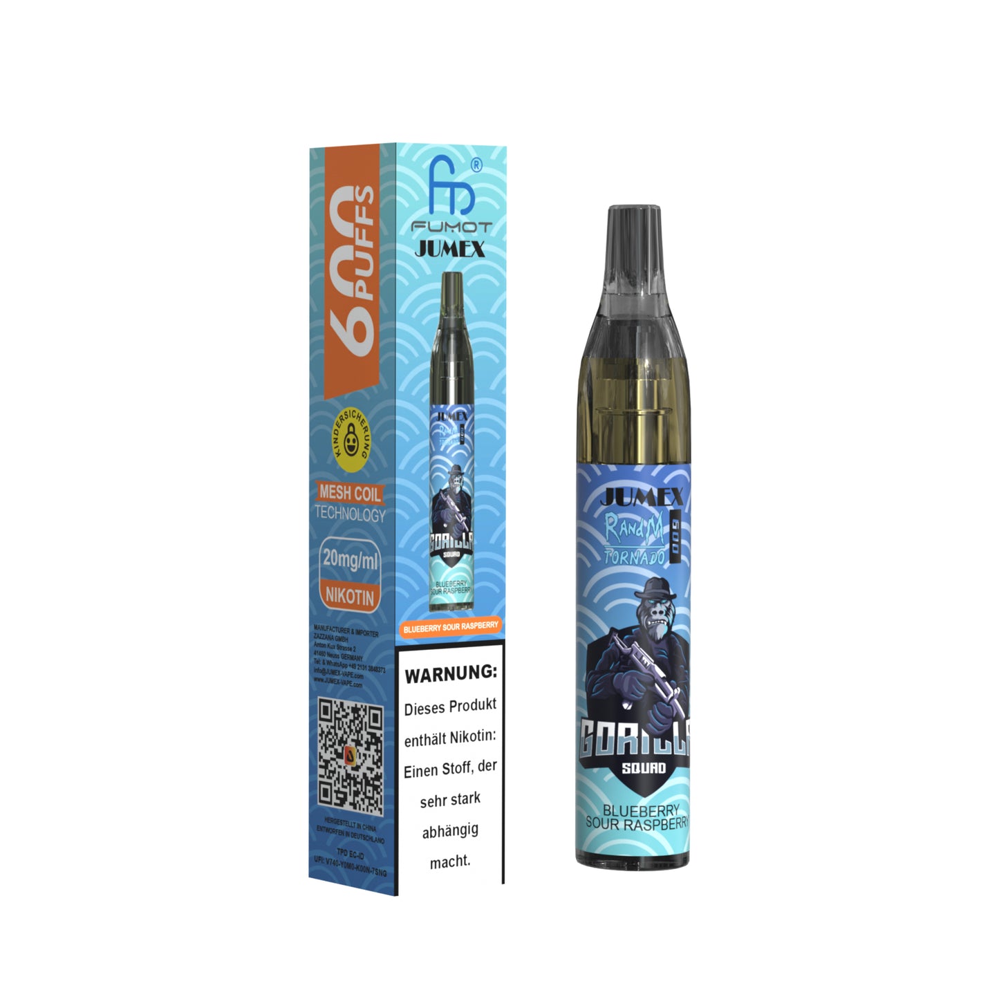 JUNG Jumex 600 Blueberry Sour Raspberry Vape mit Nikotin – Einweg E-Zigarette mit 600 Zügen, fruchtige Kombination aus Blaubeere und säuerlicher Himbeere, LED-Beleuchtung, sofort einsatzbereit, Nikotin-Verdampfer