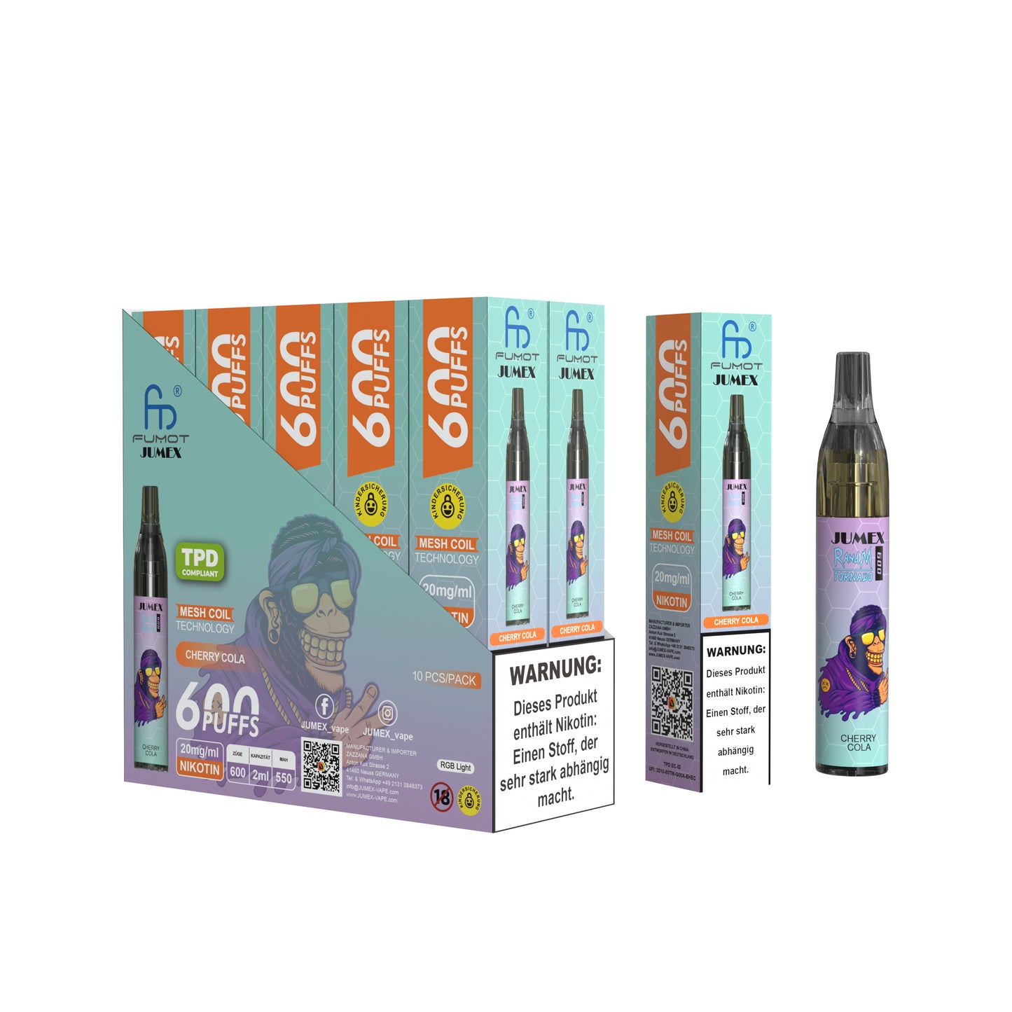 JUNG Jumex 600 CHERRY COLA Vape mit Nikotin – Einweg E-Zigarette mit 600 Zügen, fruchtig-erfrischendes Kirsche-Cola-Aroma, Nikotinstärke 20 mg/ml, LED, sofort dampfbereit, TPD-konform