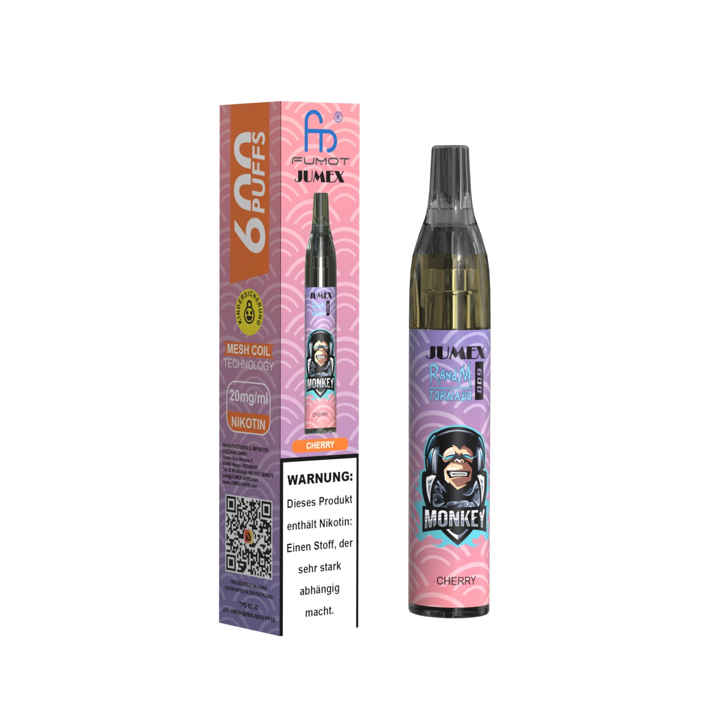 JUNG Jumex 600 CHERRY Vape mit Nikotin – Einweg E-Zigarette mit 600 Zügen, fruchtig-süßer Kirschgeschmack, LED-Licht, sofort gebrauchsfertig, intensives Aroma, kompakt, TPD-konform