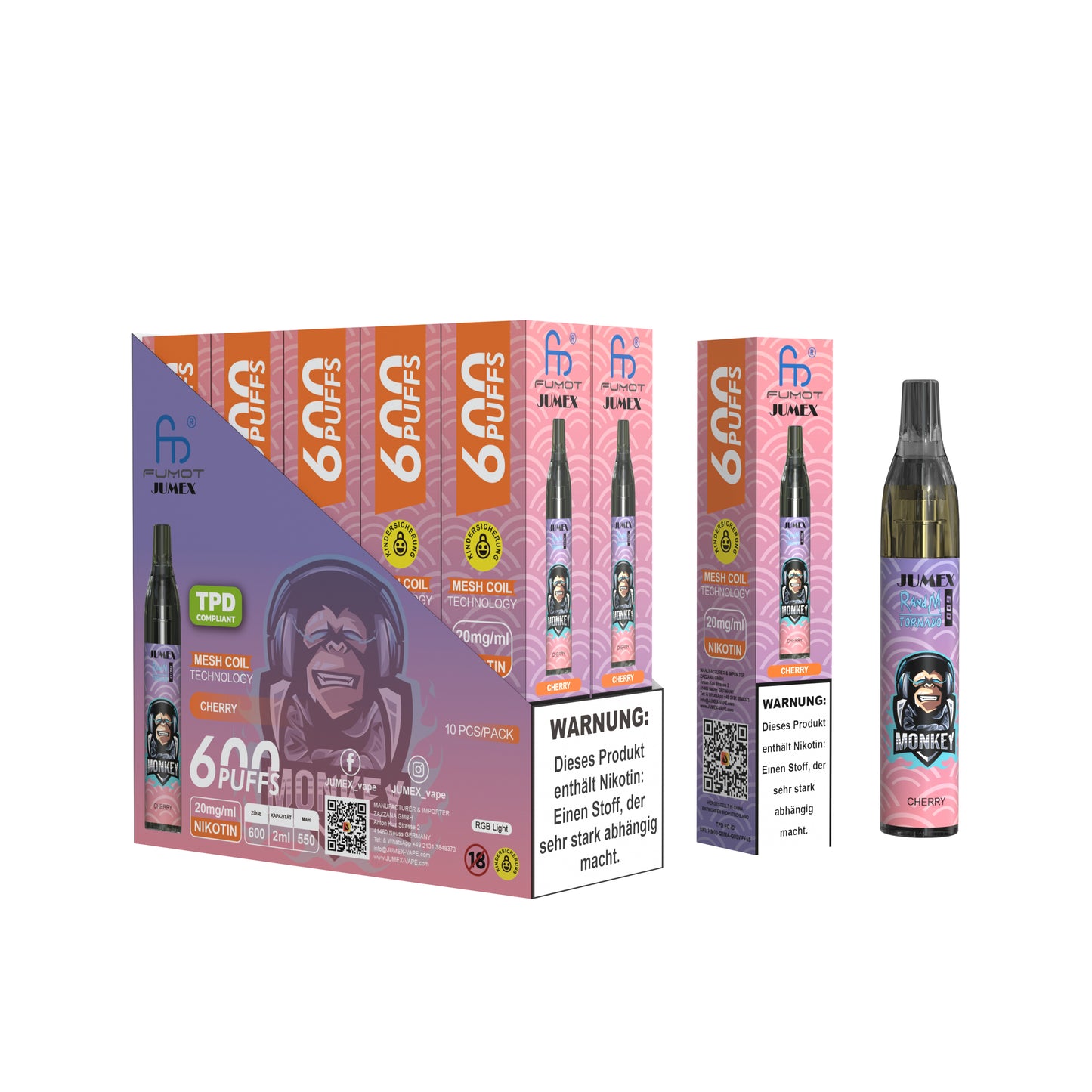 JUNG Jumex 600 CHERRY Vape mit Nikotin – Einweg E-Zigarette mit 600 Zügen, fruchtig-süßer Kirschgeschmack, LED-Licht, sofort gebrauchsfertig, intensives Aroma, kompakt, TPD-konform