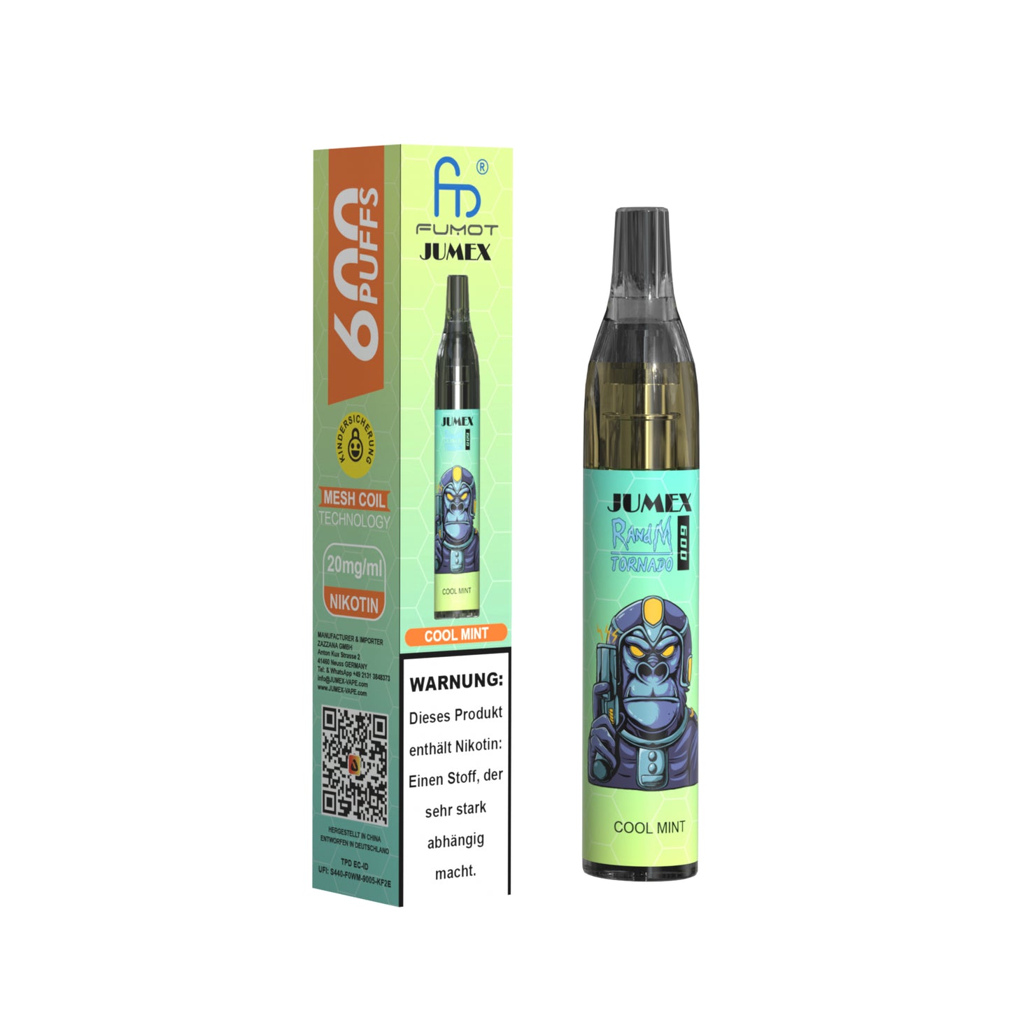 JUNG Jumex 600 Cool Mint Vape Einweg E-Zigarette mit Nikotin | Menthol & Minzaroma | 600 Züge | Nikotinsalz | LED Effekt | Verdampfer E-Dampfer mit Zugautomatik