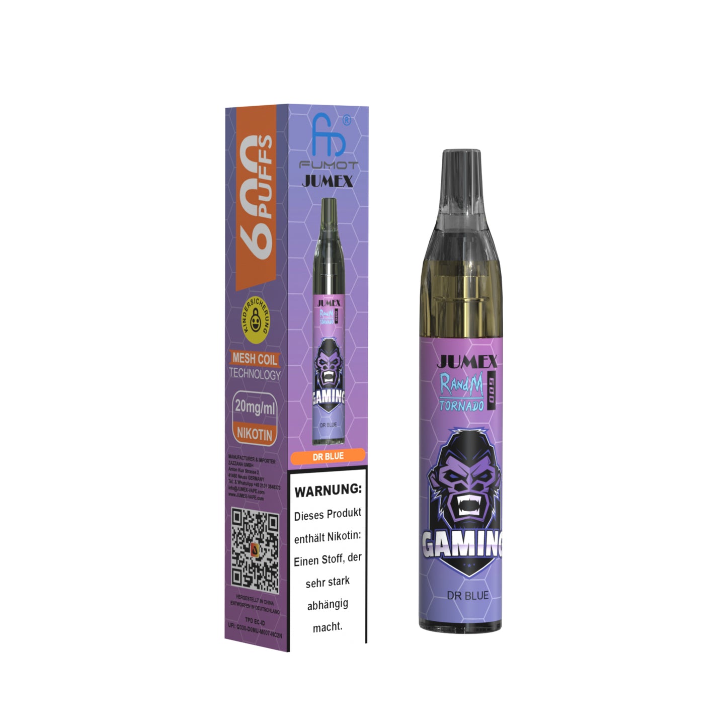 JUNG Jumex 600 Dr. Blue Einweg E-Zigarette mit Nikotin | Fruchtig-Kühle Blaubeer-Limonade | 600 Züge | Nikotinsalz-Vape | LED-Design | Blue Soda Aroma Dampfer