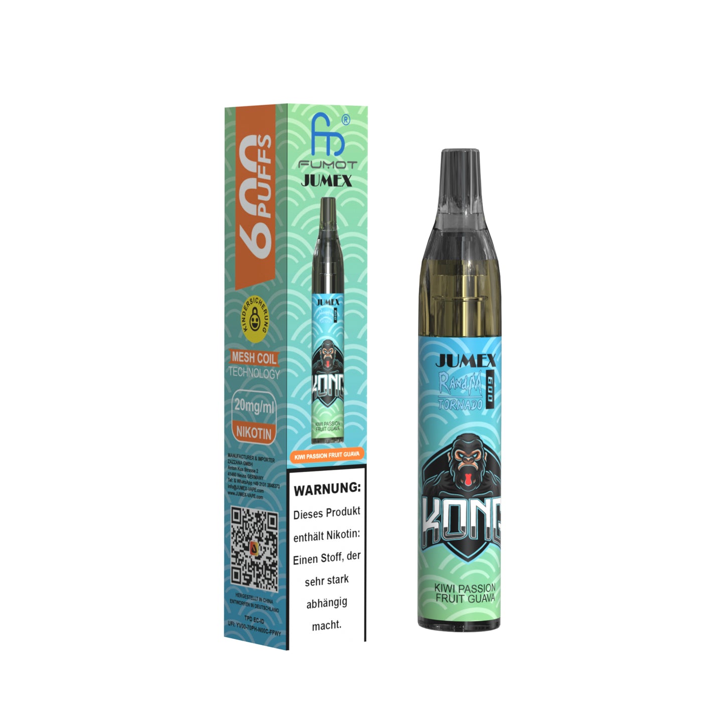 JUNG Jumex 600 Kiwi Passion Fruit Guava Vape mit Nikotin Einweg 600 Züge Exotische Aromen von Kiwi, Passionsfrucht und Guave, LED Farbwechsel, Einweg-Verdampfer, sicher mit Kindersicherung und ohne Nachfüllung