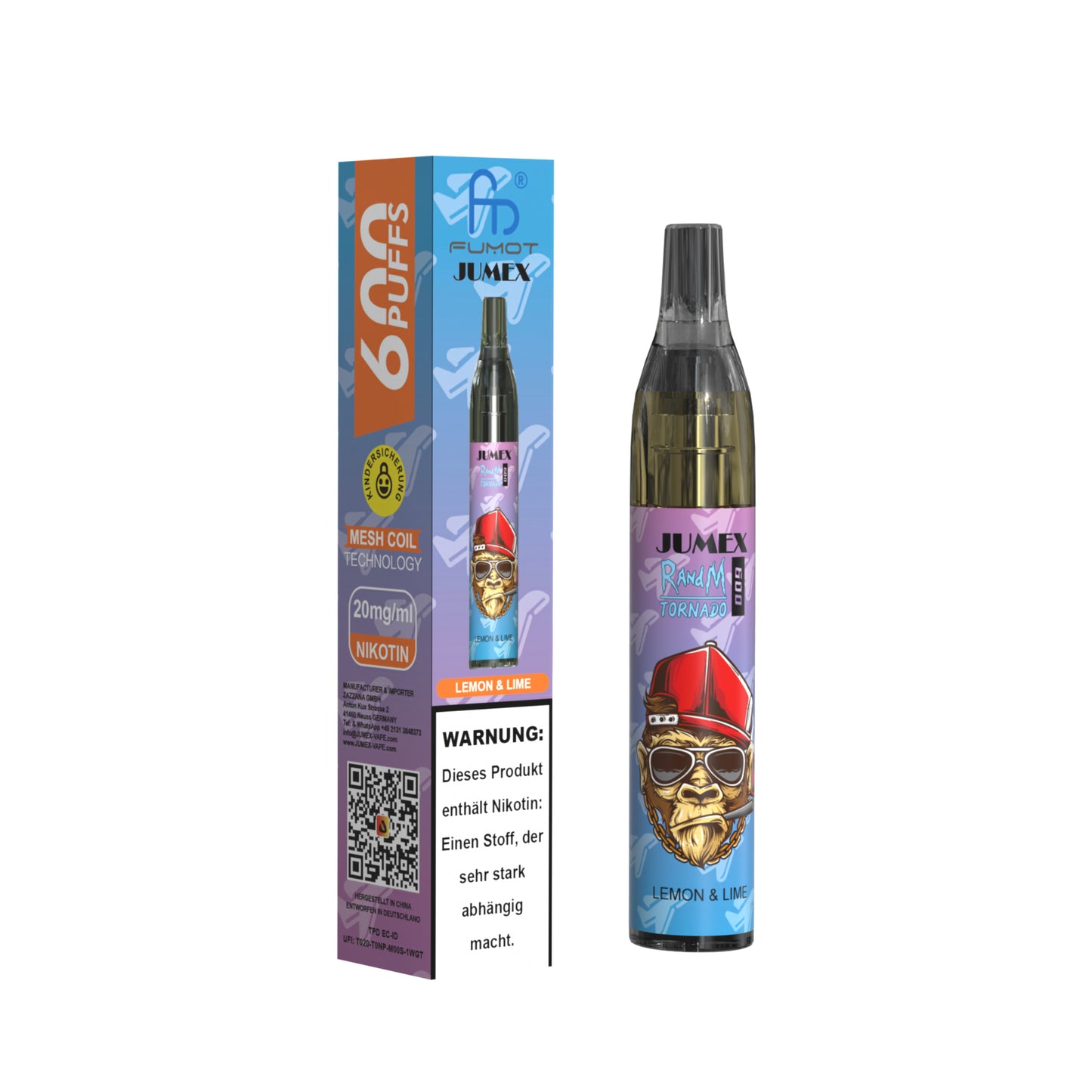 JUNG Jumex 600 Lemon & Lime Vape mit Nikotin Einweg 600 Züge Erfrischender Zitrusgeschmack mit Zitrone und Limette, Einweg-Verdampfer, LED Farbwechsel, mit Kindersicherung, Nikotin für intensives Dampfen, ohne Nachfüllung.