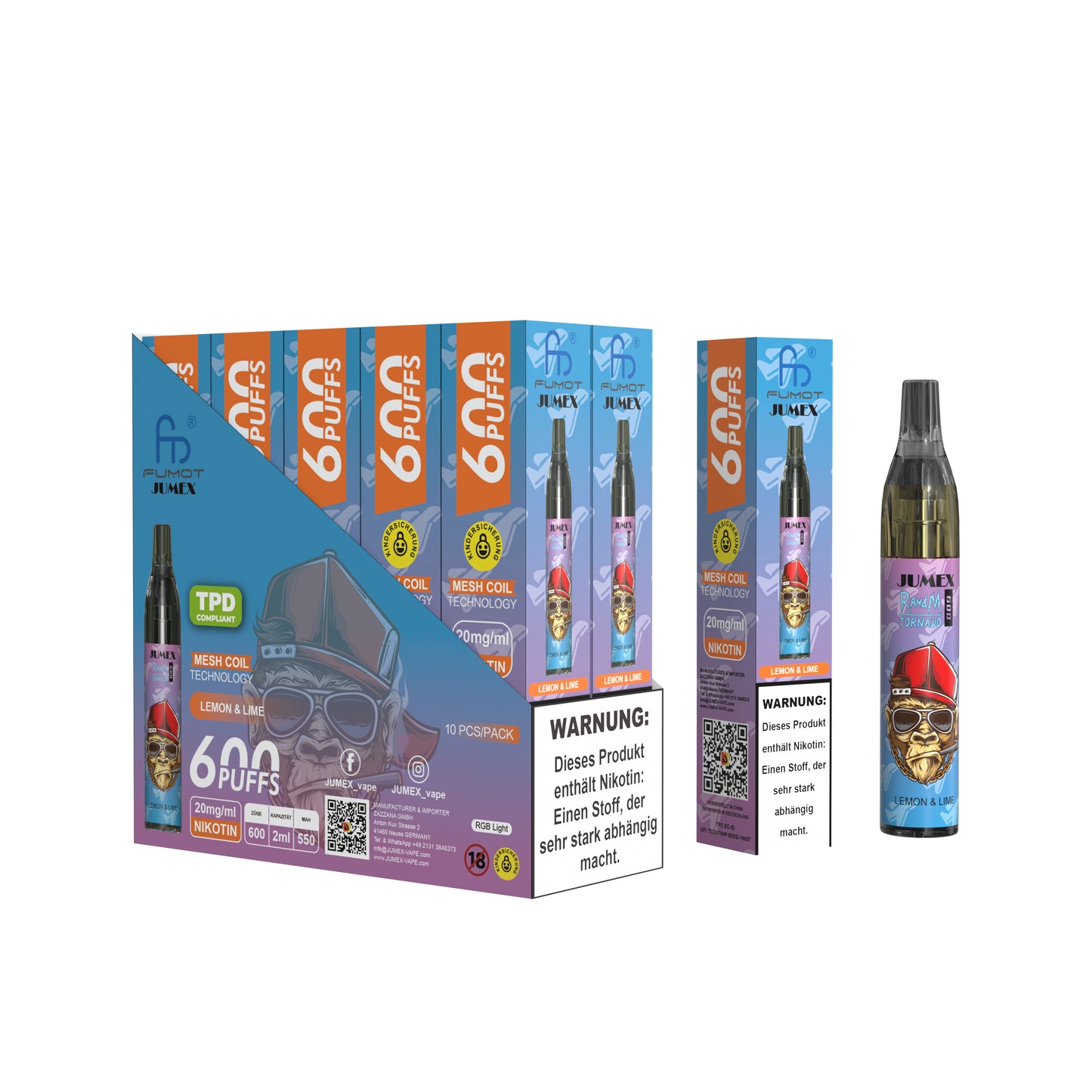 JUNG Jumex 600 Lemon & Lime Vape mit Nikotin Einweg 600 Züge Erfrischender Zitrusgeschmack mit Zitrone und Limette, Einweg-Verdampfer, LED Farbwechsel, mit Kindersicherung, Nikotin für intensives Dampfen, ohne Nachfüllung.