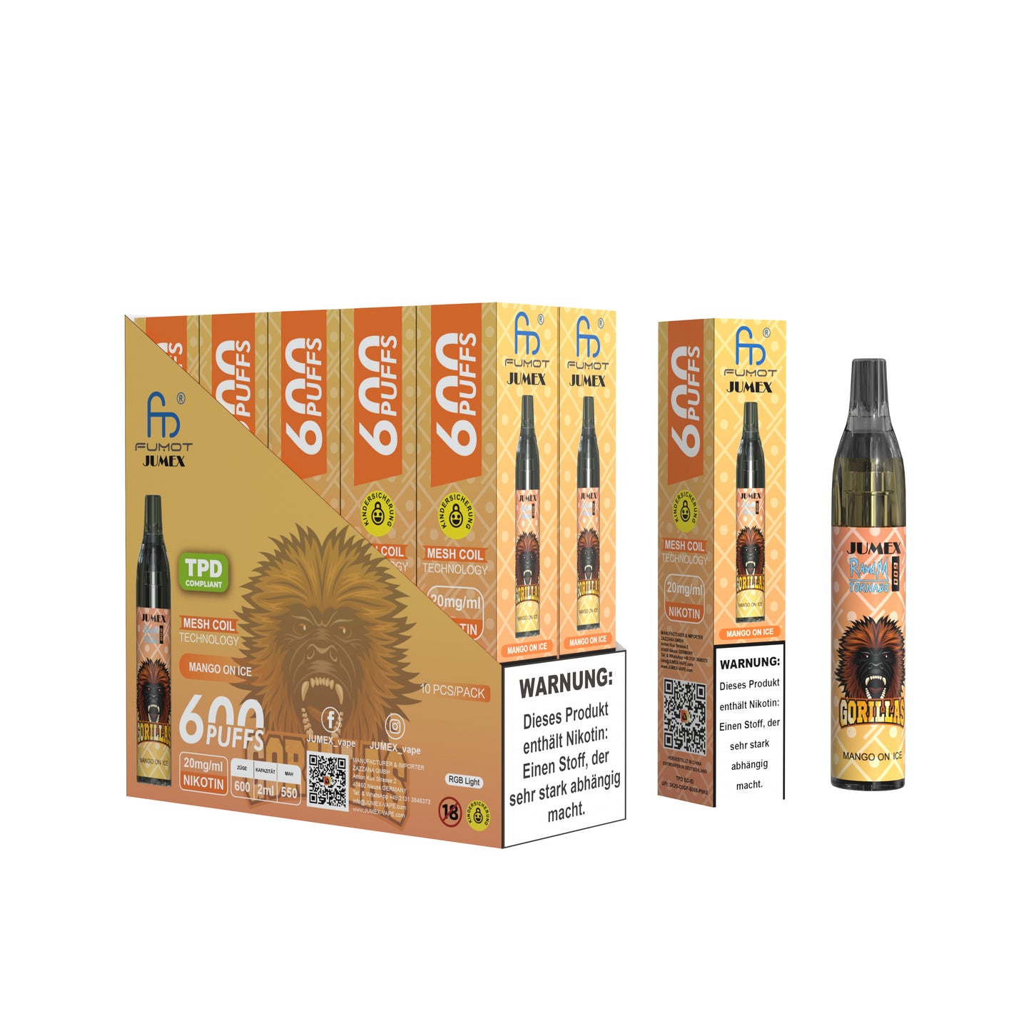 JUNG Jumex 600 Mango on Ice Vape mit Nikotin Einweg Verdampfer 600 Züge Mango Eis Nikotin LED Farbanzeige Kindersicherung Kompakt und sicher, Einweg E-Zigarette, ohne Nachfüllung