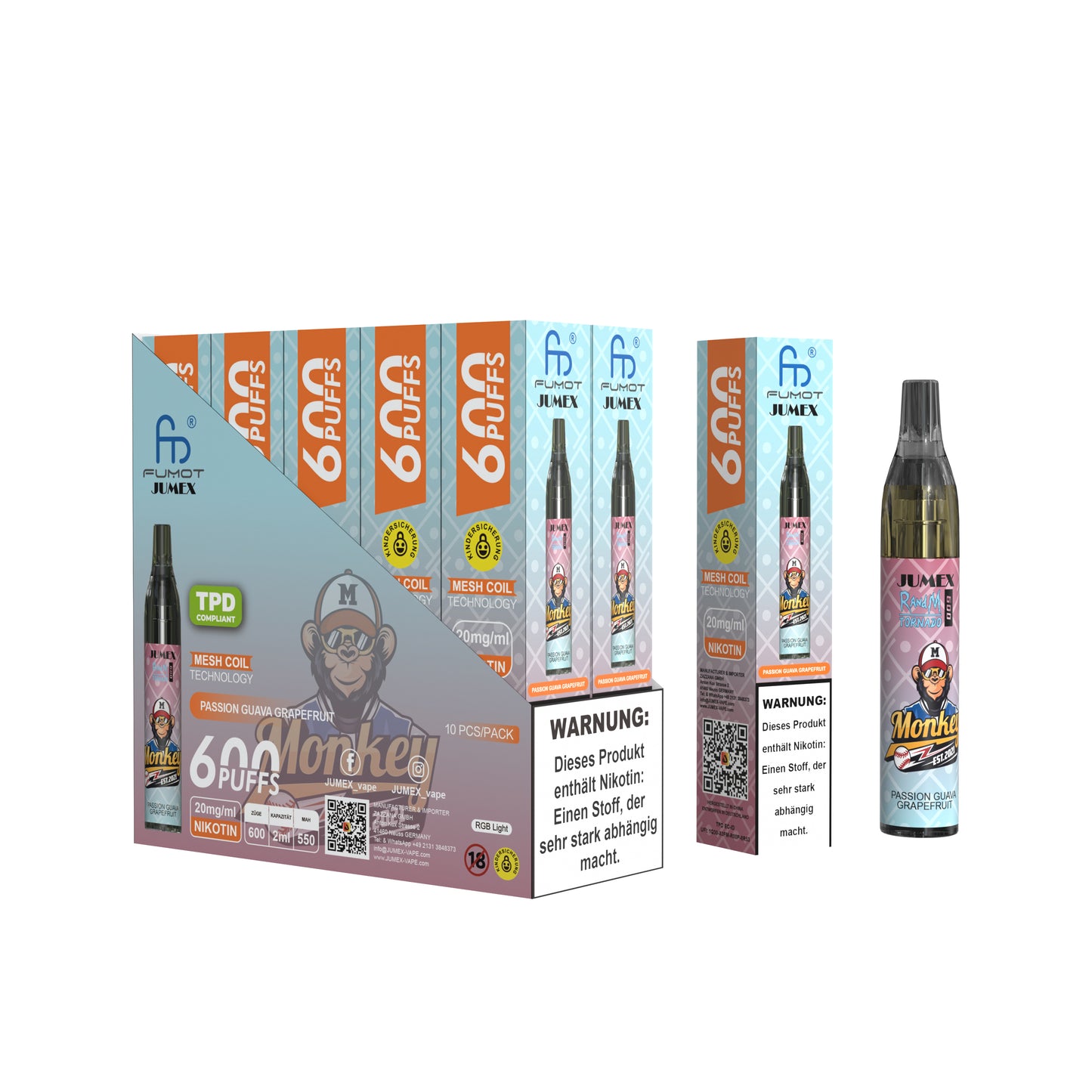 JUNG Jumex 600 Passion Guava Grapefruit Vape mit Nikotin Einweg Verdampfer 600 Züge Passionsfrucht, Guave, Grapefruit Nikotin LED Farbanzeige Kindersicherung Kompakt und sicher, Einweg E-Zigarette, ohne Nachfüllung