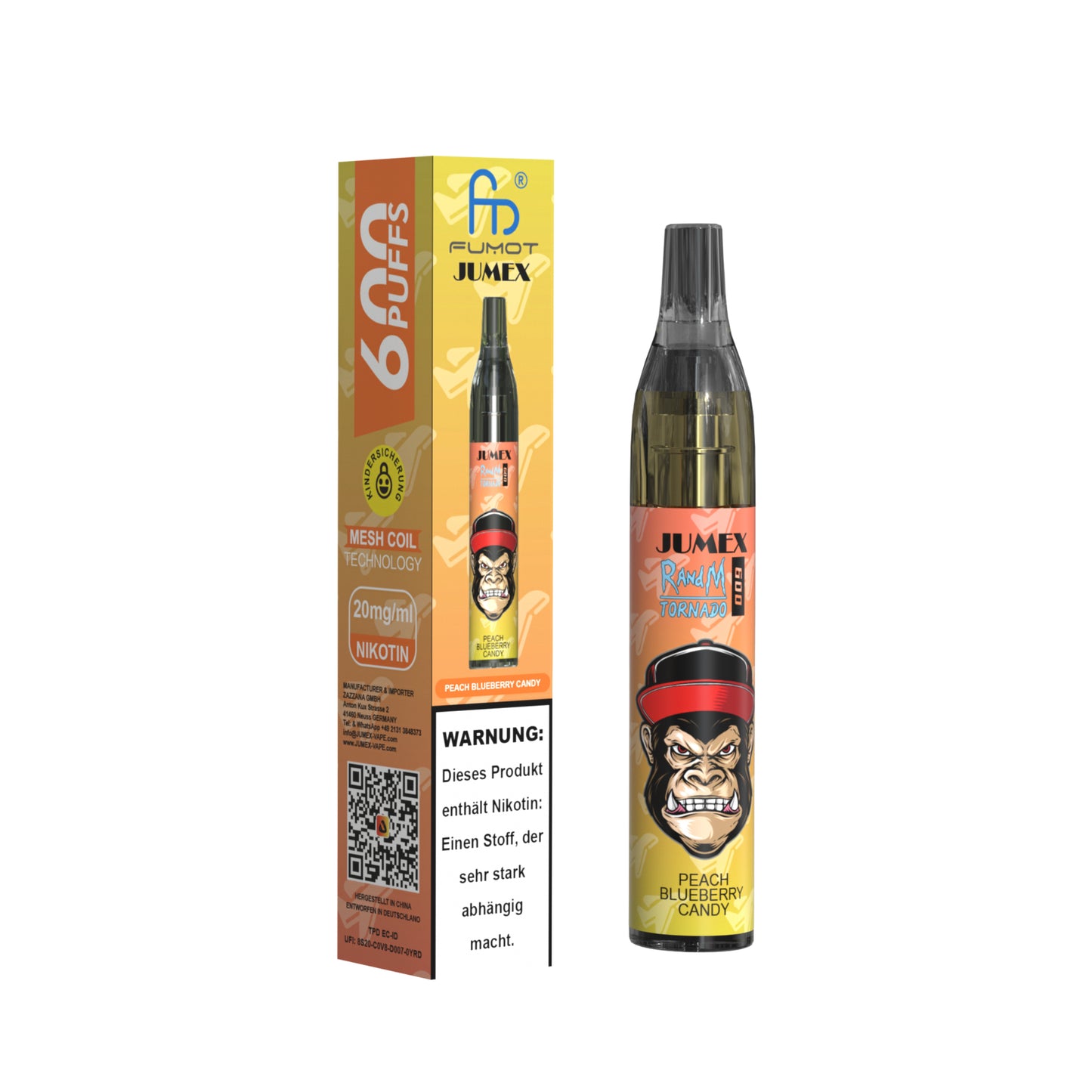 JUNG Jumex 600 Peach Blueberry Candy Vape mit Nikotin Einweg Verdampfer 600 Züge Pfirsich, Blaubeere, Bonbon Nikotin LED Farbanzeige Kindersicherung Kompakt und sicher, Einweg E-Zigarette, ohne Nachfüllung