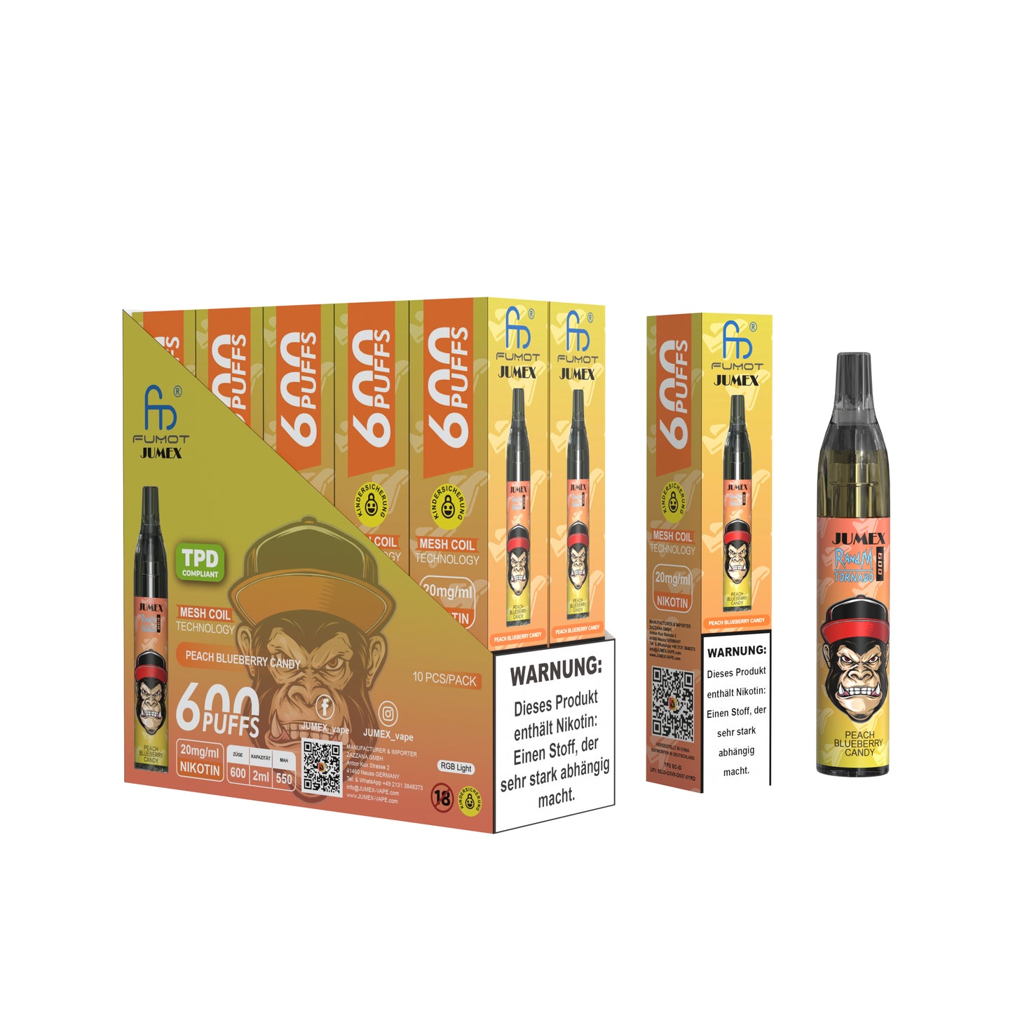 JUNG Jumex 600 Peach Blueberry Candy Vape mit Nikotin Einweg Verdampfer 600 Züge Pfirsich, Blaubeere, Bonbon Nikotin LED Farbanzeige Kindersicherung Kompakt und sicher, Einweg E-Zigarette, ohne Nachfüllung