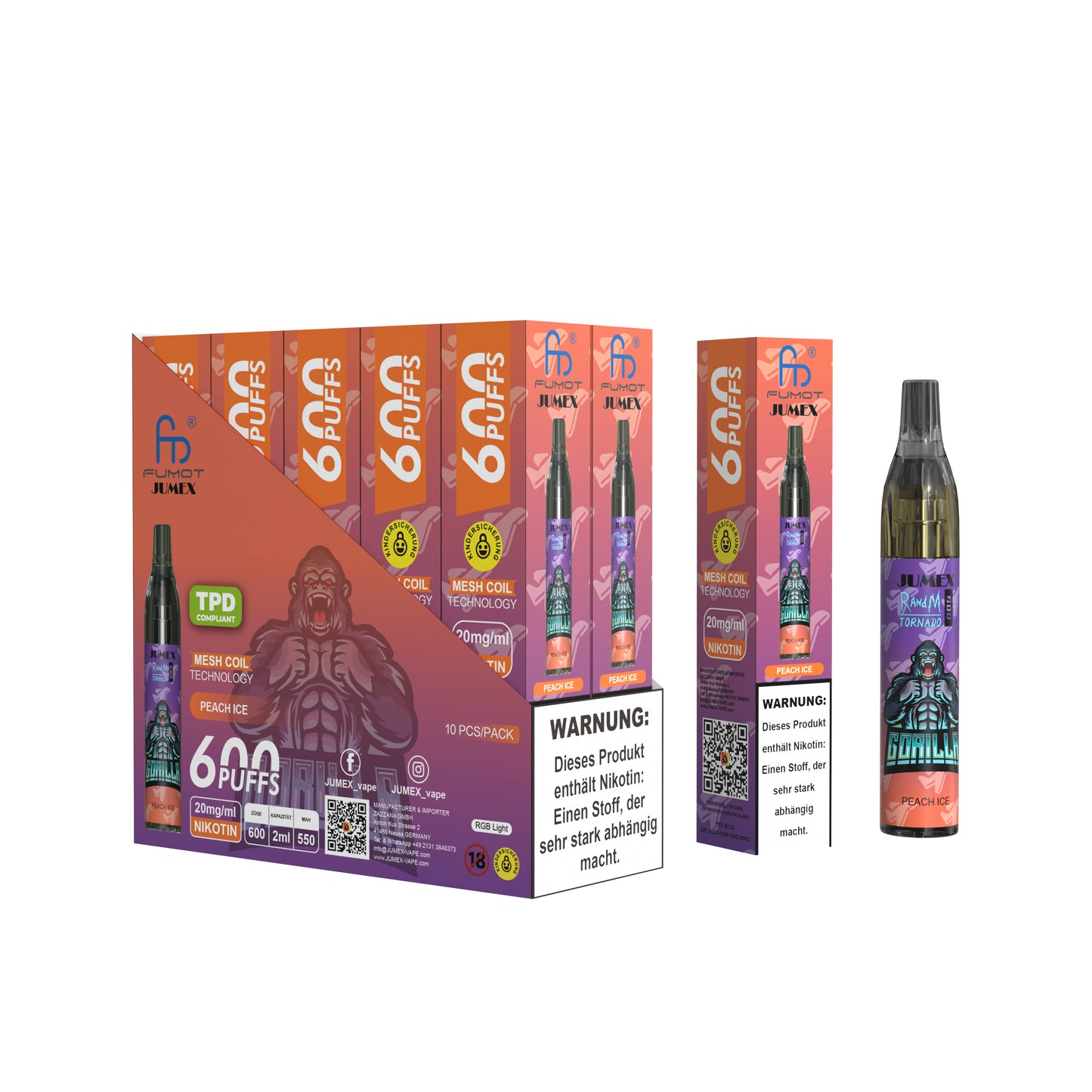 JUNG Jumex 600 Peach Ice Vape mit Nikotin Einweg Verdampfer 600 Züge Pfirsich Eis Nikotin LED Farbanzeige Kindersicherung Kompakt und sicher, Einweg E-Zigarette, ohne Nachfüllung