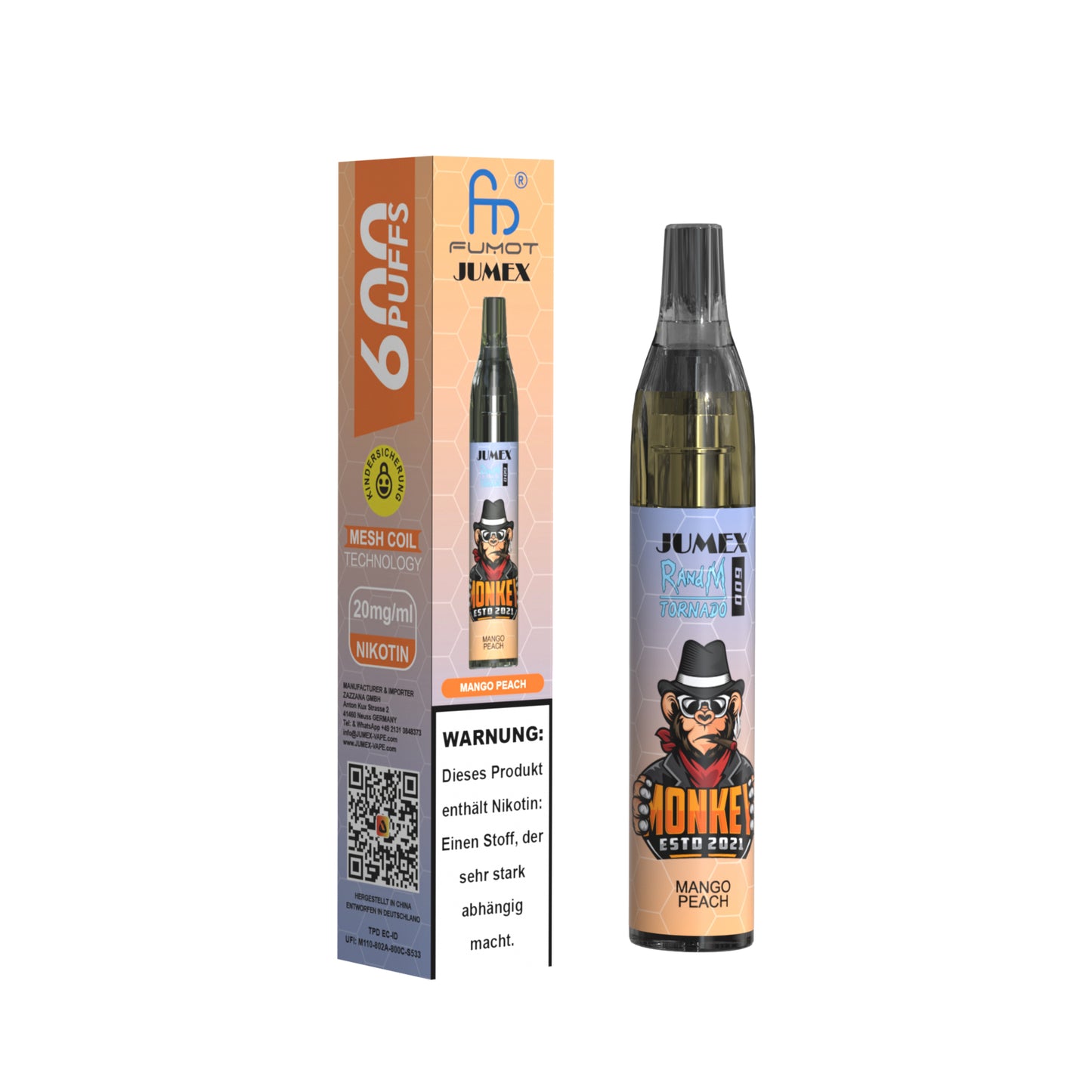JUNG Jumex 600 Peach Mango Vape mit Nikotin Einweg Verdampfer 600 Züge Pfirsich Mango Nikotin LED Farbanzeige Kindersicherung Kompakt und sicher, Einweg E-Zigarette, ohne Nachfüllung