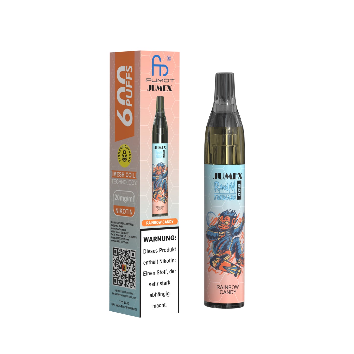 JUNG Jumex 600 Rainbow Candy Vape mit Nikotin – Einweg E-Zigarette mit 600 Zügen, süßes Fruchtbonbon-Aroma, sofort einsatzbereit, Kindersicherung, kompaktes Format