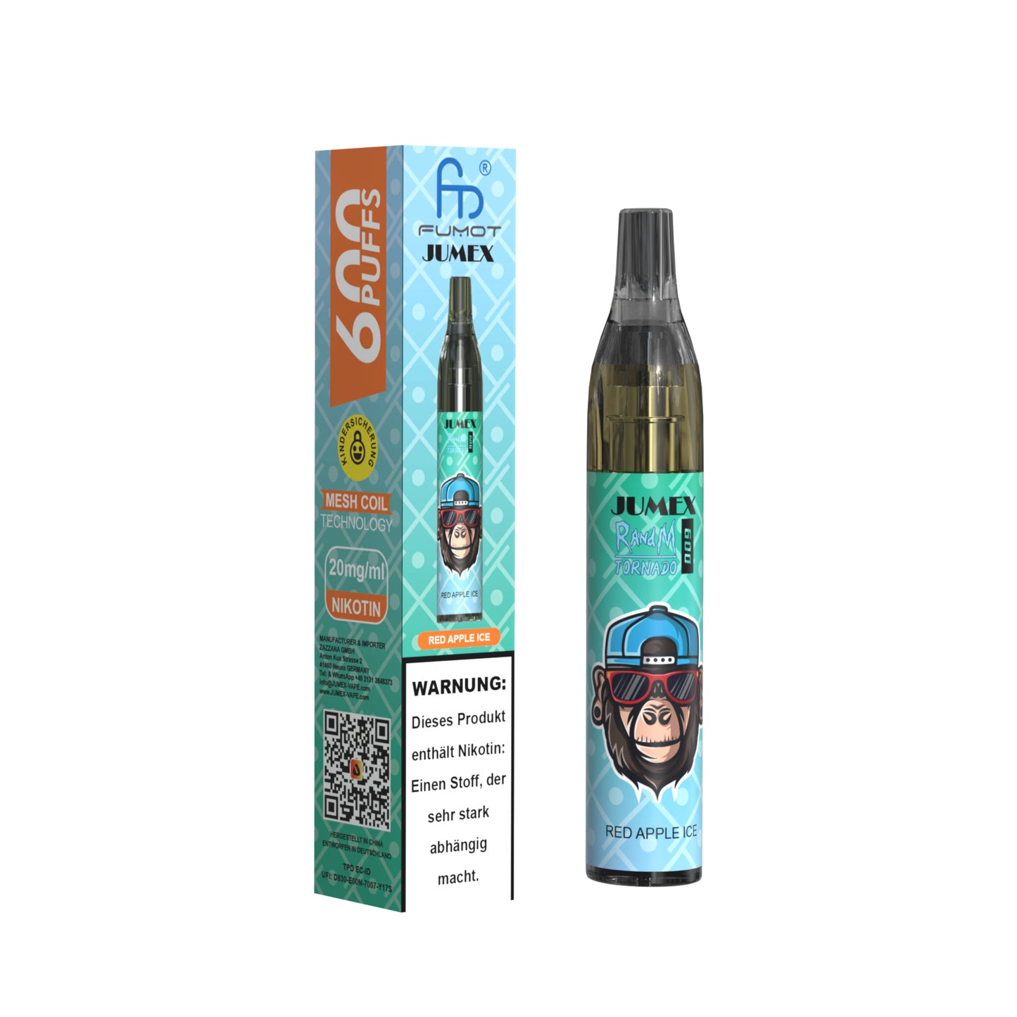 JUNG Jumex 600 Red Apple Ice Vape mit Nikotin – Einweg E-Zigarette mit 600 Zügen, kühles Apfelaroma, sofort einsatzbereit, kompakt, mit Kindersicherung