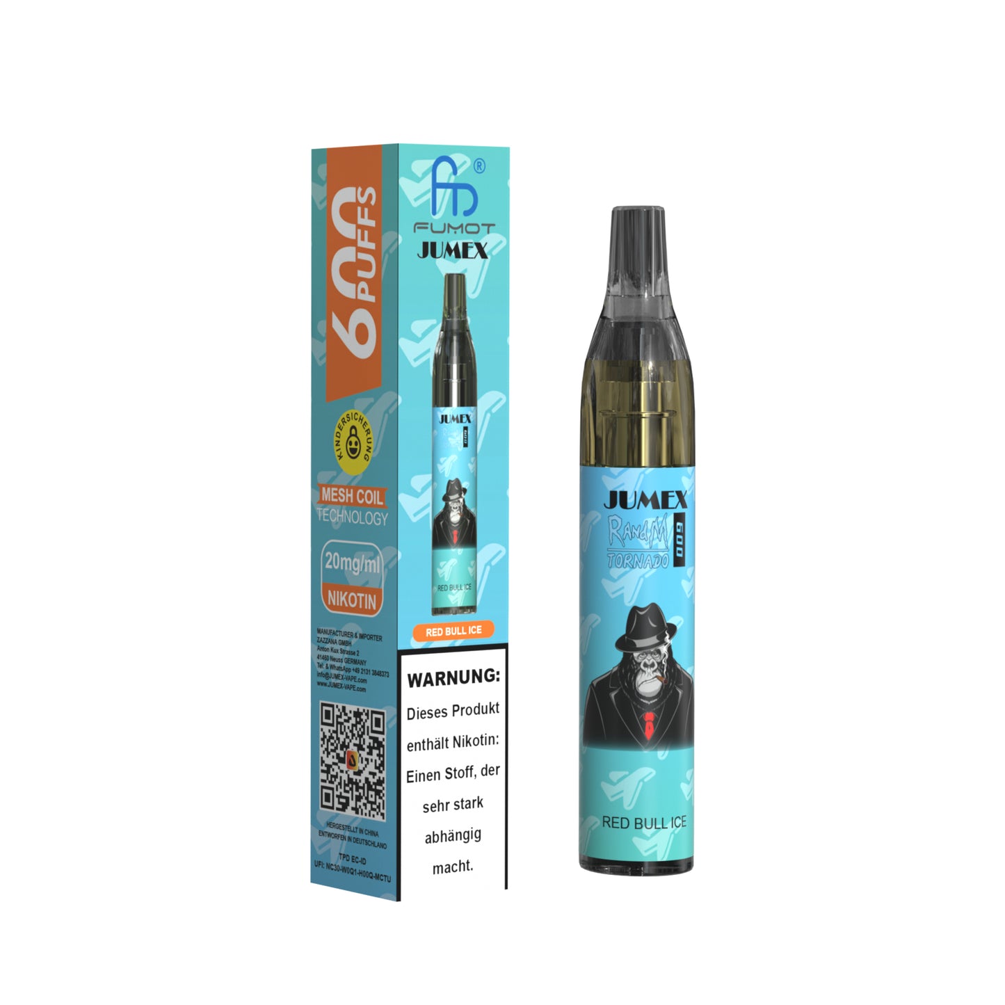 JUNG Jumex 600 Red Bull Ice Vape mit Nikotin – Einweg E-Zigarette mit 600 Zügen, Energy-Drink-Geschmack mit Menthol, kompakt & sofort einsatzbereit, mit Kindersicherung