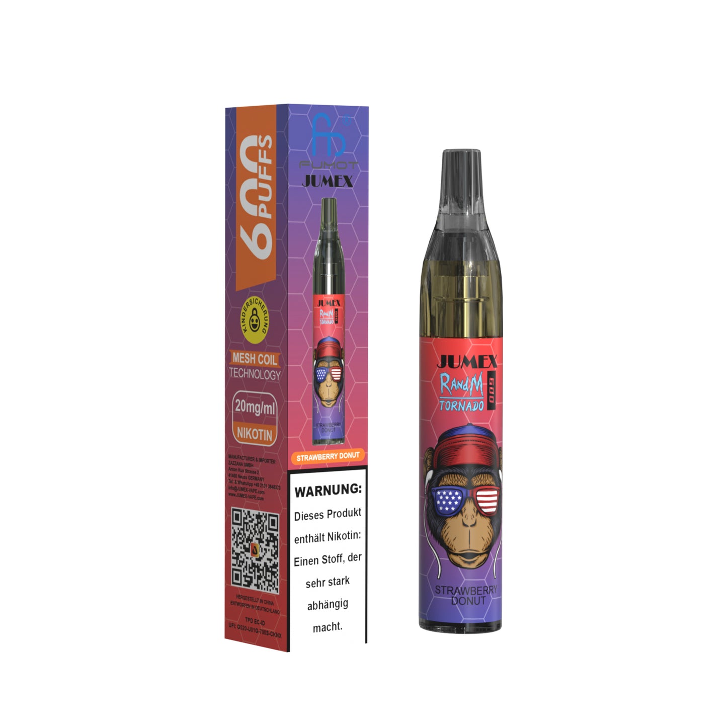 JUNG Jumex 600 Strawberry Donut Nikotin Vape Einweg E-Zigarette 600 Züge Verdampfer Erdbeere Donut Geschmack Liquid für Erwachsene Nikotininhaltig