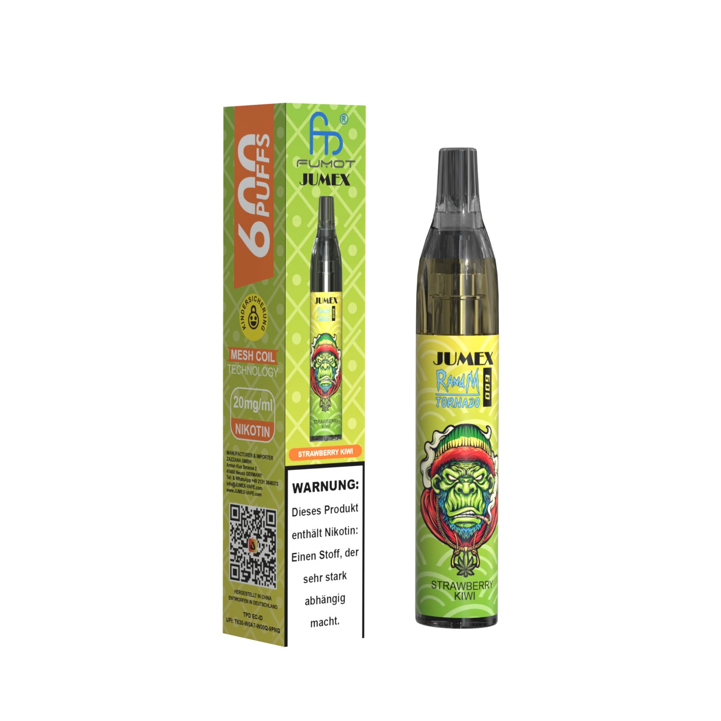JUNG Jumex 600 STRAWBERRY KIWI Vape – Einweg E-Zigarette mit 600 Zügen – Nikotin 20 mg – Fruchtige Erdbeer-Kiwi Mischung – Sofort einsatzbereit, kein Nachfüllen, kompakt & praktisch