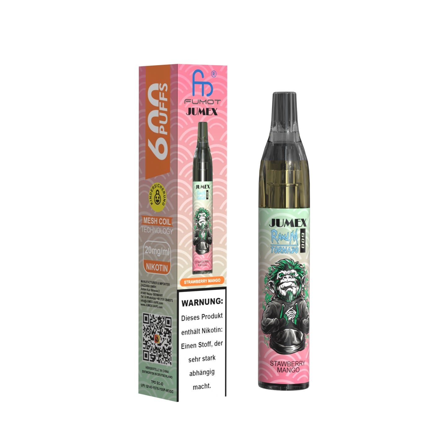 JUNG Jumex 600 Strawberry Mango Nikotin Vape Einweg E-Zigarette 600 Züge Verdampfer Tropenfrucht Liquid Dampfer für Erwachsene Nikotinfüllung Erdbeere Mango Geschmack
