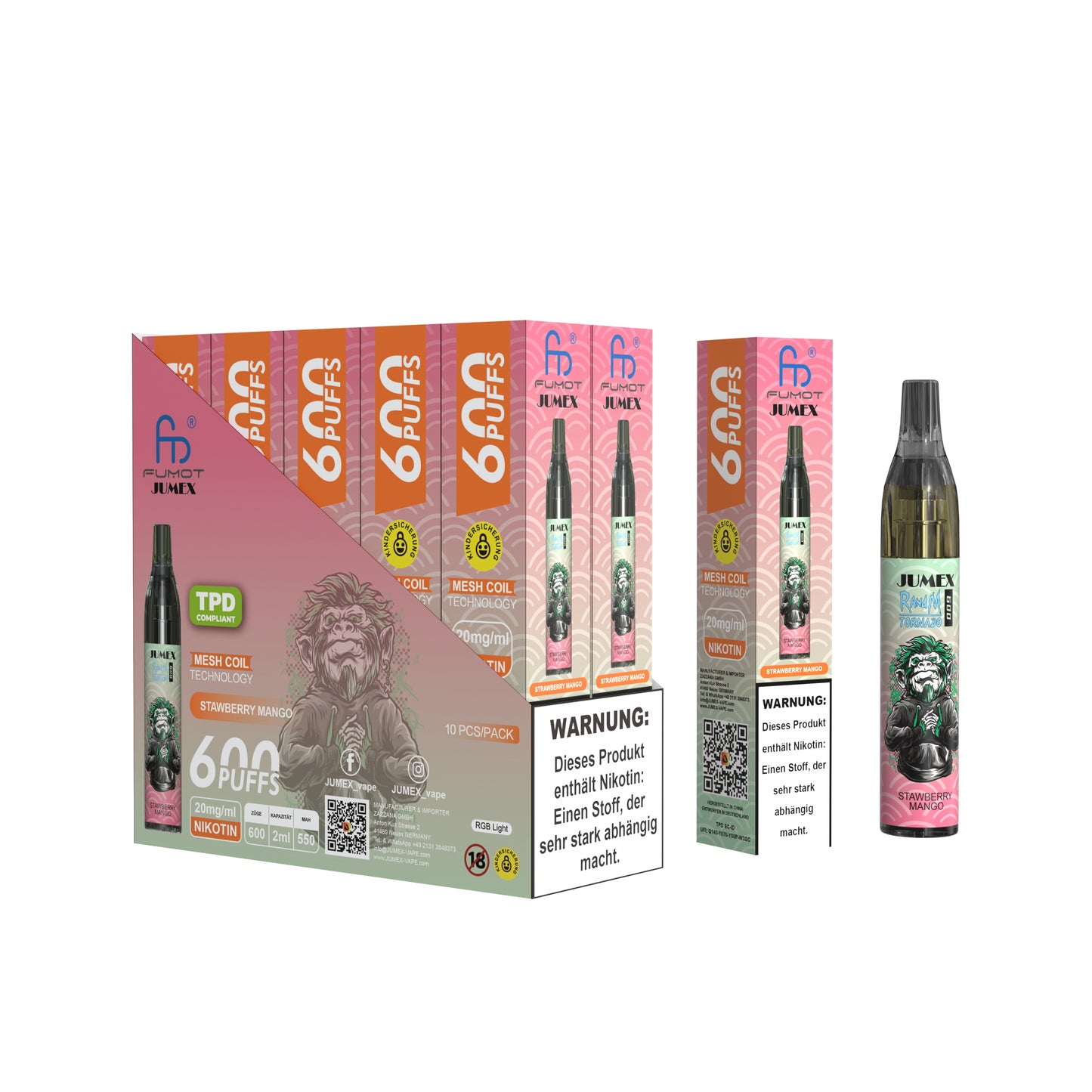 JUNG Jumex 600 Strawberry Mango Nikotin Vape Einweg E-Zigarette 600 Züge Verdampfer Tropenfrucht Liquid Dampfer für Erwachsene Nikotinfüllung Erdbeere Mango Geschmack