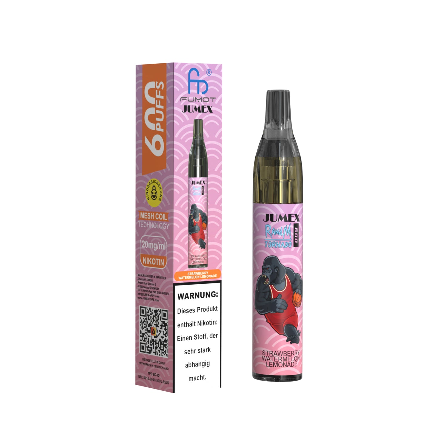 JUNG Jumex 600 STRAWBERRY WATERMELON LEMONADE Vape – Einweg E-Zigarette mit Nikotin 20 mg – 600 Züge – Fruchtig frische Erdbeer-Wassermelonen-Limonade – Sofort einsatzbereit