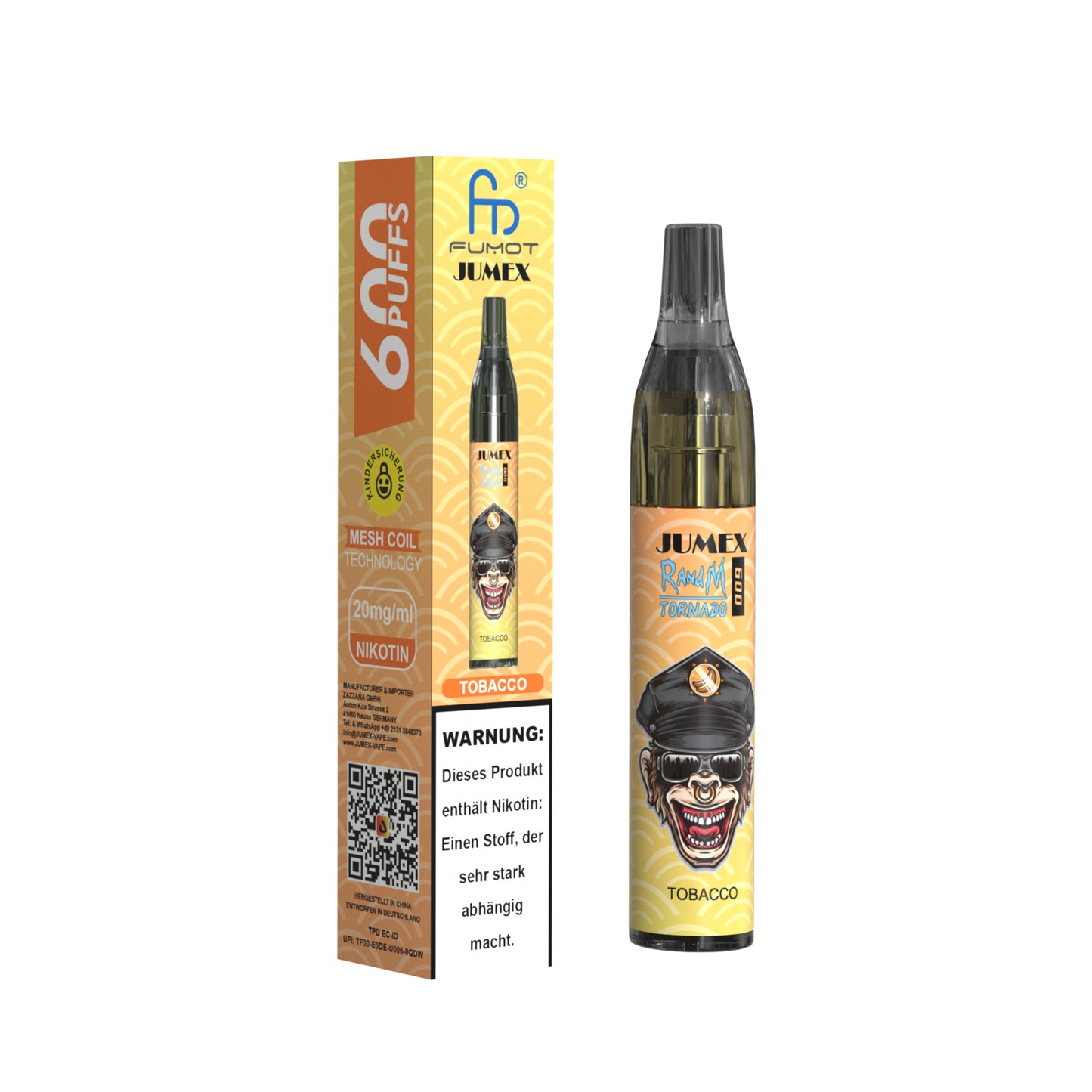 JUNG Jumex 600 TOBACCO Vape – Einweg E-Zigarette mit Nikotin 20 mg – 600 Züge – Klassisches Tabakaroma – Sofort einsatzbereit
