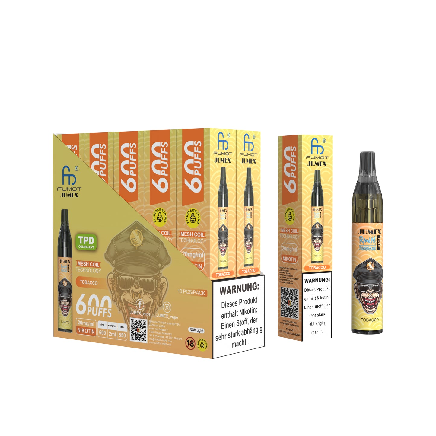 JUNG Jumex 600 TOBACCO Vape – Einweg E-Zigarette mit Nikotin 20 mg – 600 Züge – Klassisches Tabakaroma – Sofort einsatzbereit