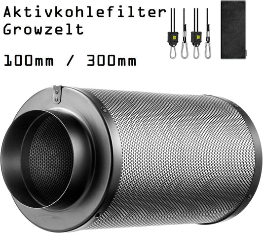 JUNG Aktivkohlefilter 100mm 300mm Growbox Luftfilter Pflanzenzucht Indoor Abluftfilter Geruchsneutralisierung Aluminiumgehäuse Vorfilter Zelt Zubehör Luftreinigung Cannabisfilter Gewächshaus Filter, 10cm Geruchsfilter Kohle Pflanzen