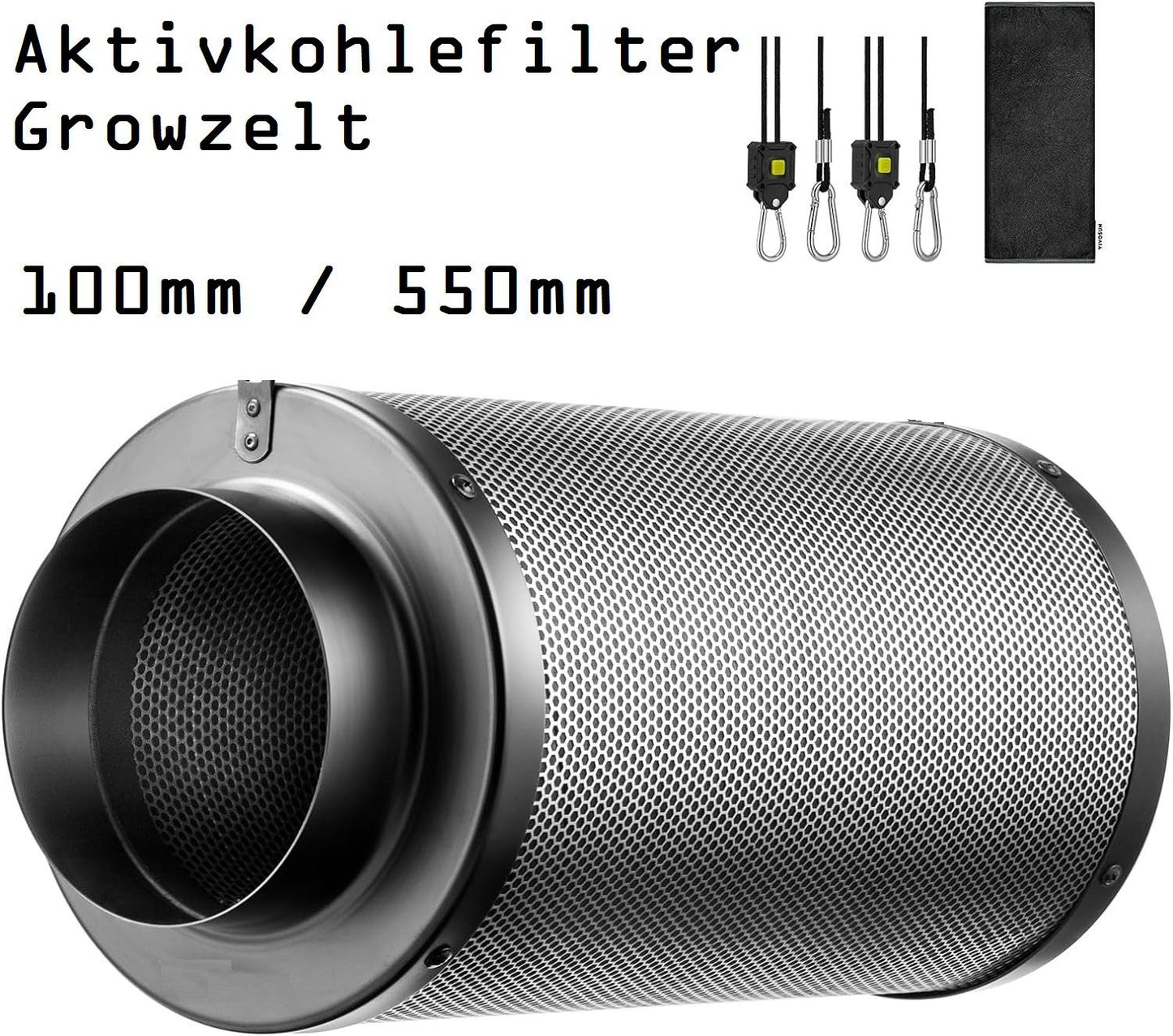 JUNG Aktivkohlefilter 100mm / 550mm - Effizienter Geruchsfilter für Growzelte, Indoor Pflanzenzucht & Hydrokulturräume – 350m³/h Luftstrom, 99,7% Geruchsbeseitigung, mit hochwertiger australischer Aktivkohle