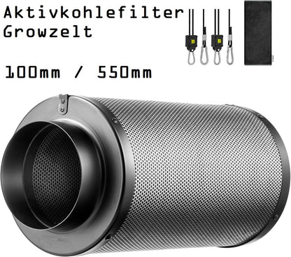 JUNG Aktivkohlefilter 100mm / 550mm - Effizienter Geruchsfilter für Growzelte, Indoor Pflanzenzucht & Hydrokulturräume – 350m³/h Luftstrom, 99,7% Geruchsbeseitigung, mit hochwertiger australischer Aktivkohle
