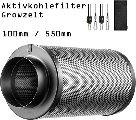 JUNG Aktivkohlefilter 100mm / 550mm - Effizienter Geruchsfilter für Growzelte, Indoor Pflanzenzucht & Hydrokulturräume – 350m³/h Luftstrom, 99,7% Geruchsbeseitigung, mit hochwertiger australischer Aktivkohle