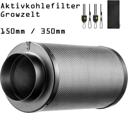 JUNG Aktivkohlefilter 150mm / 350mm – Hochwertiger Geruchsfilter für Growzelte, Indoor Pflanzenzucht, Hydrokulturräume, 99,7% Geruchsbeseitigung, 290 m³/h Luftstrom, mit australischer Aktivkohle