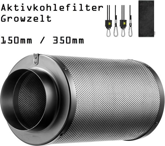 JUNG Aktivkohlefilter 150mm / 350mm – Hochwertiger Geruchsfilter für Growzelte, Indoor Pflanzenzucht, Hydrokulturräume, 99,7% Geruchsbeseitigung, 290 m³/h Luftstrom, mit australischer Aktivkohle