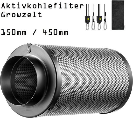 JUNG Aktivkohlefilter 150mm / 450mm – Hochwertiger Aktivkohlefilter für Growzelte, Indoor Pflanzenzucht, Zuchtbox, 384 m³/h Luftstrom, 99,7% Geruchsbeseitigung, umweltfreundliche australische Aktivkohle