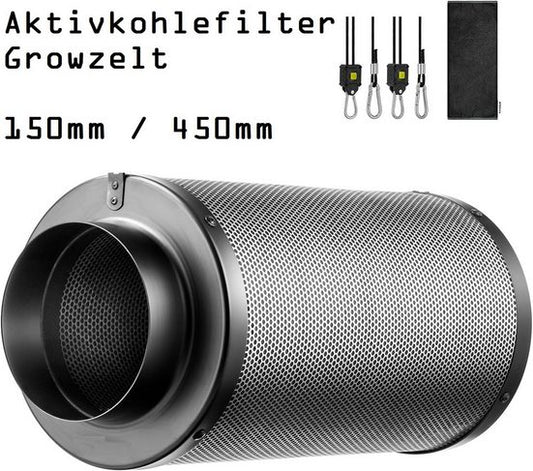 JUNG Aktivkohlefilter 150mm / 450mm – Hochwertiger Aktivkohlefilter für Growzelte, Indoor Pflanzenzucht, Zuchtbox, 384 m³/h Luftstrom, 99,7% Geruchsbeseitigung, umweltfreundliche australische Aktivkohle