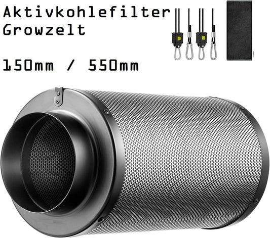 JUNG Aktivkohlefilter für Growbox 150mm bis 550mm – Effektive Geruchs- & Schadstoffentfernung, hochwertige australische Aktivkohle für Indoor-Pflanzenzelt, Gewächshaus & Pflanzenzucht, 99,7% Filtereffizienz