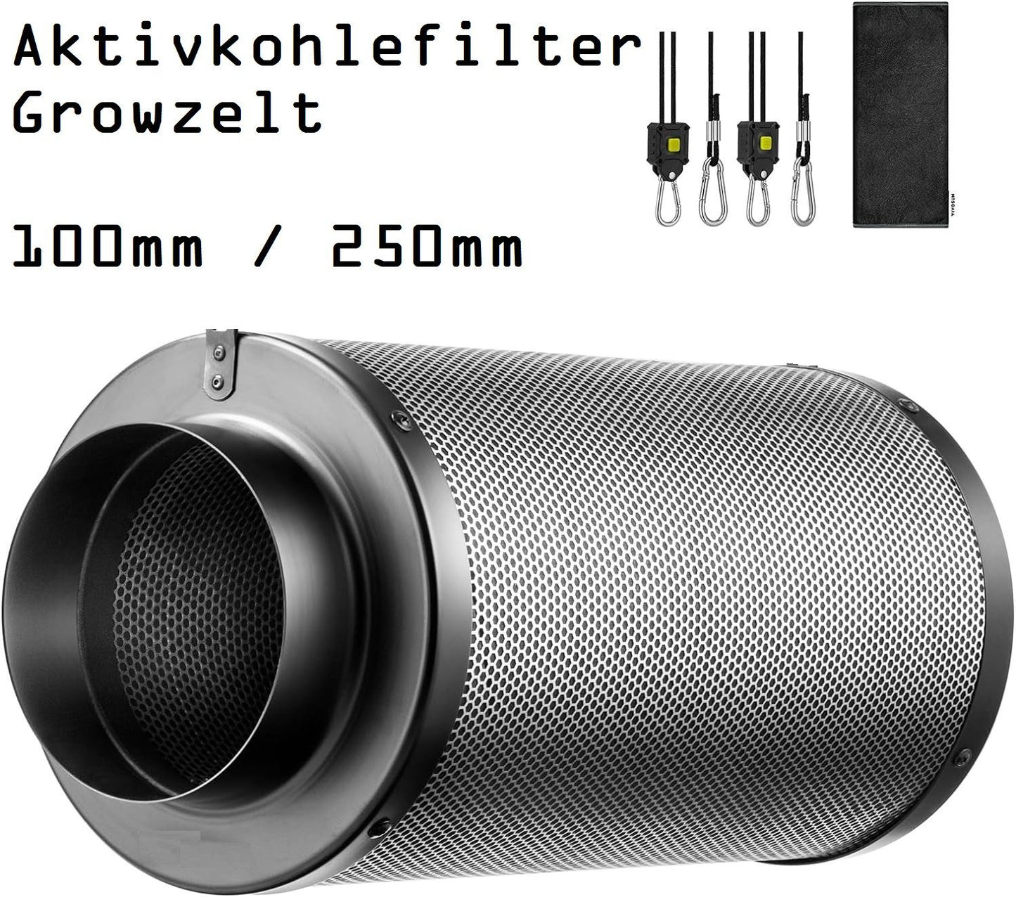 JUNG Aktivkohlefilter 100mm / 250mm – Effektiver Luftfilter für Growzelte, Geruchsbeseitigung, 99,7% Filtereffizienz, hochwertiger australischer Aktivkohle, 140 m³/h, flexibler Einsatz in Innenräumen