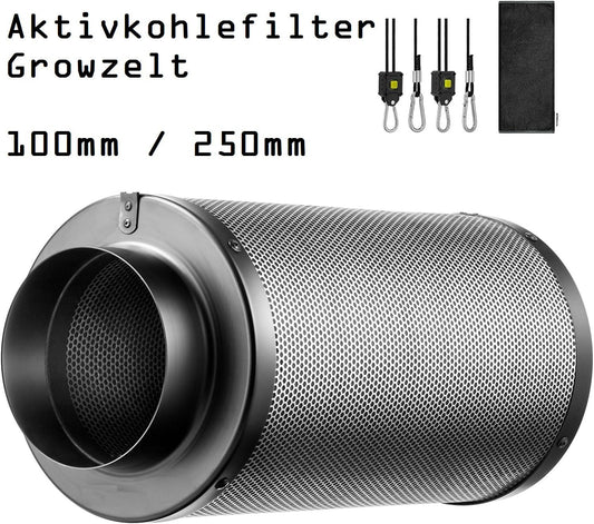 JUNG Aktivkohlefilter 100mm / 250mm – Effektiver Luftfilter für Growzelte, Geruchsbeseitigung, 99,7% Filtereffizienz, hochwertiger australischer Aktivkohle, 140 m³/h, flexibler Einsatz in Innenräumen