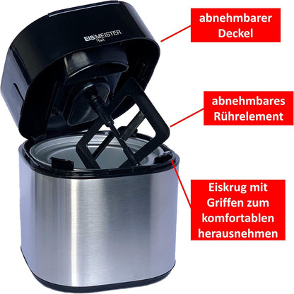 JUNG PerfectMix EISMEISTER 5in1 Speiseeismaschine für Frozen Joghurt Sorbet Softeis Slusheis Eiscreme mit 1,5L Thermobehälter Edelstahlgehäuse und LED-Timer – Geräuscharmer Eisbereiter