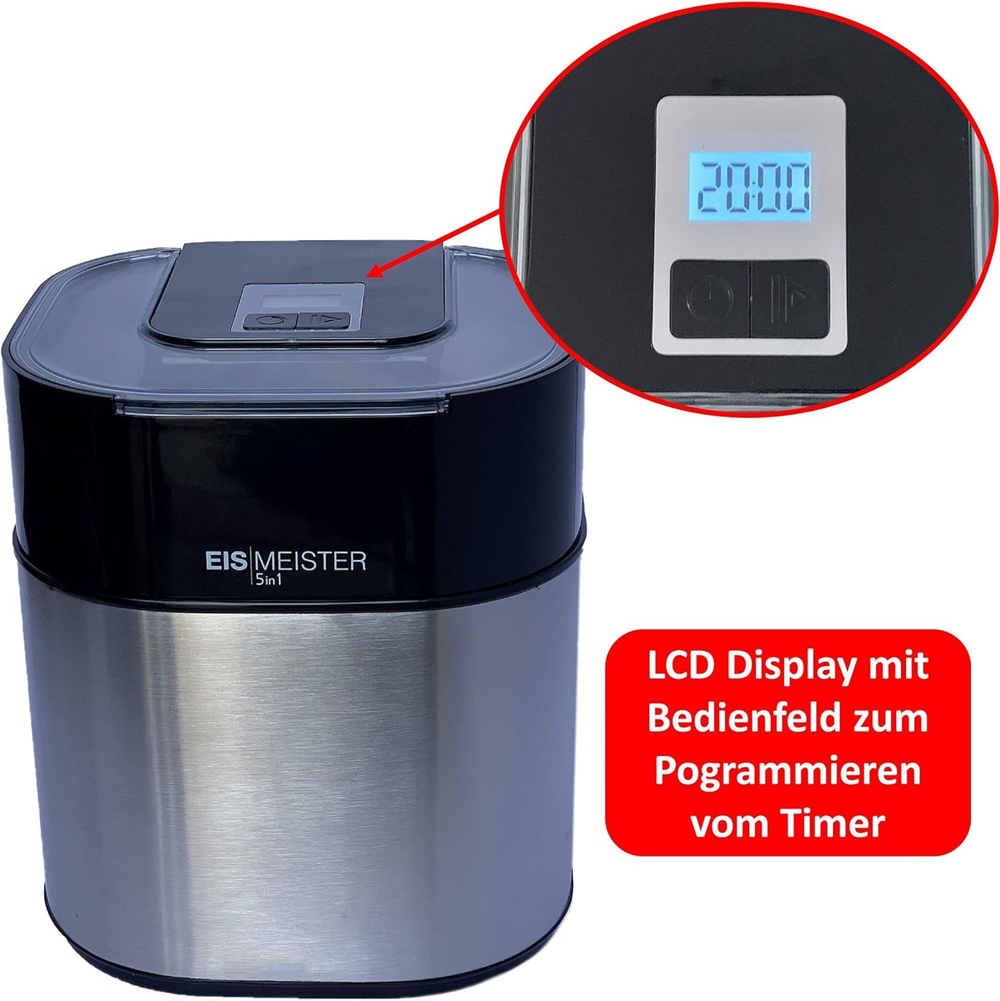 JUNG PerfectMix EISMEISTER 5in1 Speiseeismaschine für Frozen Joghurt Sorbet Softeis Slusheis Eiscreme mit 1,5L Thermobehälter Edelstahlgehäuse und LED-Timer – Geräuscharmer Eisbereiter