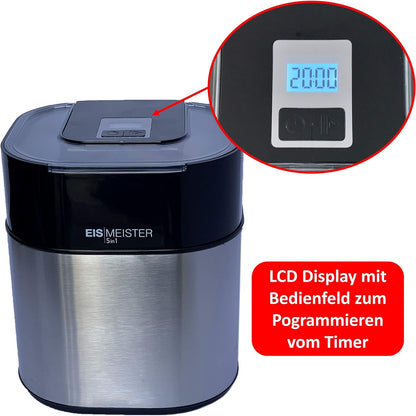 JUNG PerfectMix EISMEISTER 5in1 Speiseeismaschine für Frozen Joghurt Sorbet Softeis Slusheis Eiscreme mit 1,5L Thermobehälter Edelstahlgehäuse und LED-Timer – Geräuscharmer Eisbereiter