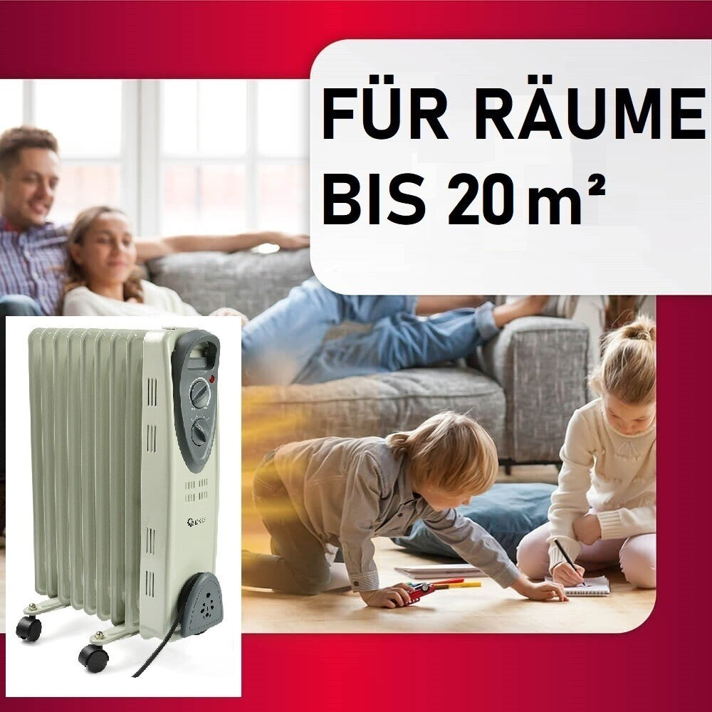 JUNG Geko G80553 Ölradiator 2000W – Mobiler Heizkörper für größere Räume, energiesparend, 9 Heizlamellen, 3 Heizstufen, stufenloser Thermostat, Überhitzungsschutz, leiser Betrieb, einfache Handhabung, ideal für Räume bis 30 m²