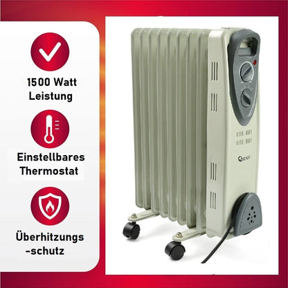 JUNG Geko G80552 Ölradiator 1500W – Mobiler Heizkörper für kleine Räume, energiesparend, 7 Heizlamellen, 3 Heizstufen, stufenloser Thermostat, Überhitzungsschutz, leiser Betrieb und einfache Handhabung