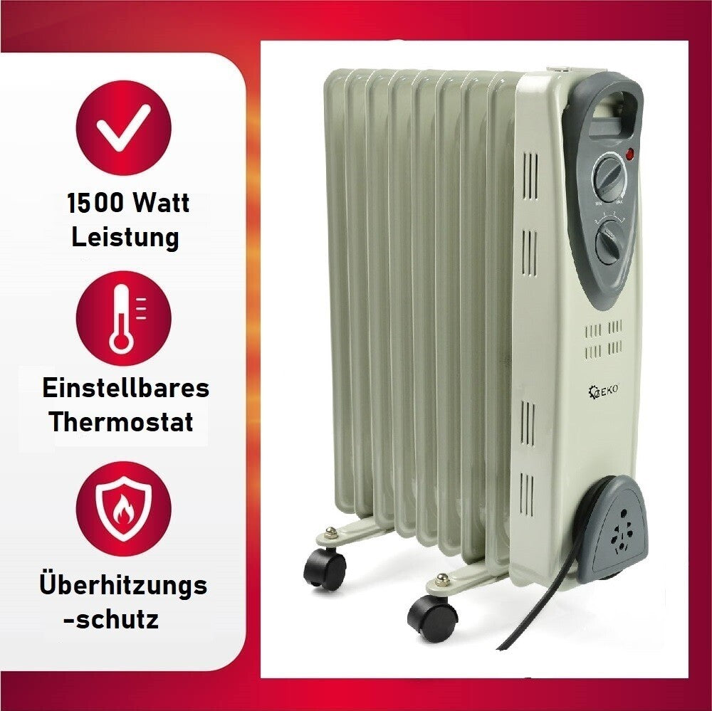 JUNG Geko G80553 Ölradiator 2000W – Mobiler Heizkörper für größere Räume, energiesparend, 9 Heizlamellen, 3 Heizstufen, stufenloser Thermostat, Überhitzungsschutz, leiser Betrieb, einfache Handhabung, ideal für Räume bis 30 m²